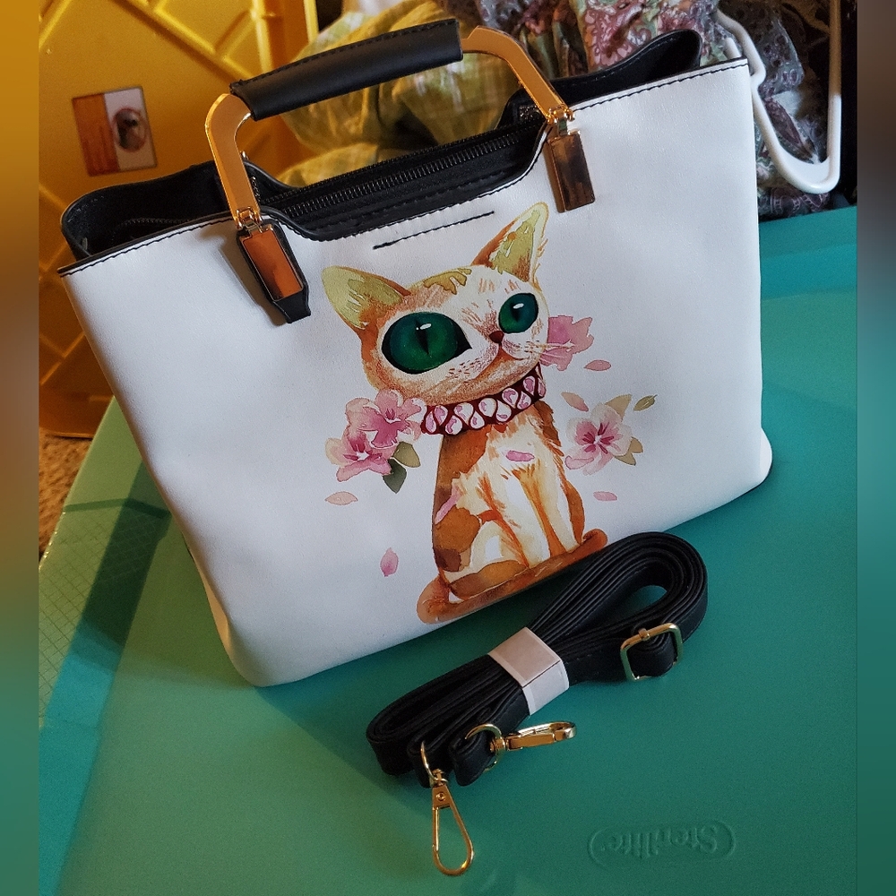 Unique + Chic White Cat Print Handbag/Crossbody Purse